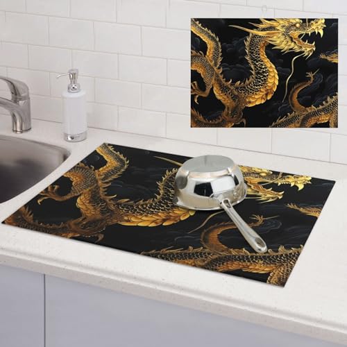 EVANEM Mikrofaser-Abtropfmatte für Küchentheke, 45,7 x 61 cm, Hintergrund, gelber Drache, saugfähige Abtropfmatte, große Größe, Abtropfmatte für Kaffee-Bar von EVANEM
