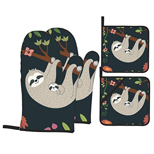 EVANEM Ofenhandschuhe und Topflappen 4er Set BBQ Handschuhe Cartoon Tier rutschfeste Ofenhandschuhe Hochhitzebeständige Kochhandschuhe für Küche Backen Kochen Unisex Einheitsgröße von EVANEM
