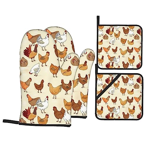EVANEM Ofenhandschuhe und Topflappen 4er Set BBQ Handschuhe Huhn Muster rutschfeste Ofenhandschuhe Hochhitzebeständige Kochhandschuhe für Küche Backen Kochen Unisex Einheitsgröße von EVANEM