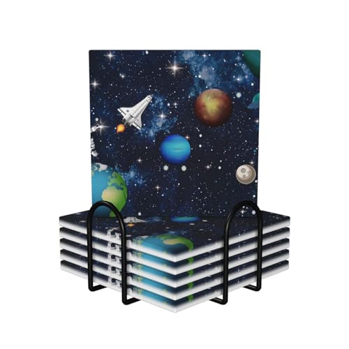 EVANEM Untersetzer für Getränke Keramik Untersetzer 6er Set Getränkeuntersetzer mit Metallhalter Rakete Astronaut Tasse Untersetzer Kork Rückseite Stein Untersetzer für Hochzeit Home Decor von EVANEM