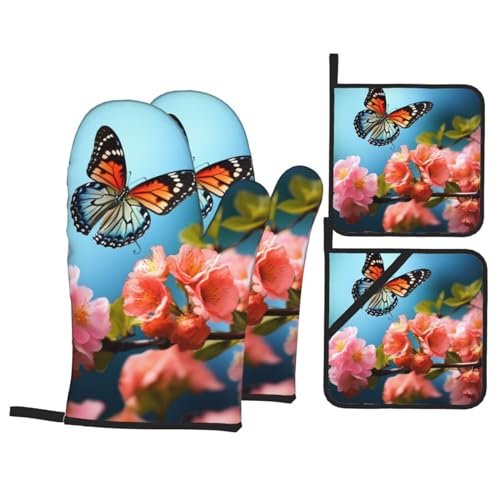 Ofenhandschuhe und Topflappen 4er Set Schmetterling mit Blumen Ofenhandschuhe mit Lanyard Ofenhandschuh für Küche Hitzebeständige Hot Pads BBQ Handschuhe zum Kochen Backen von EVANEM