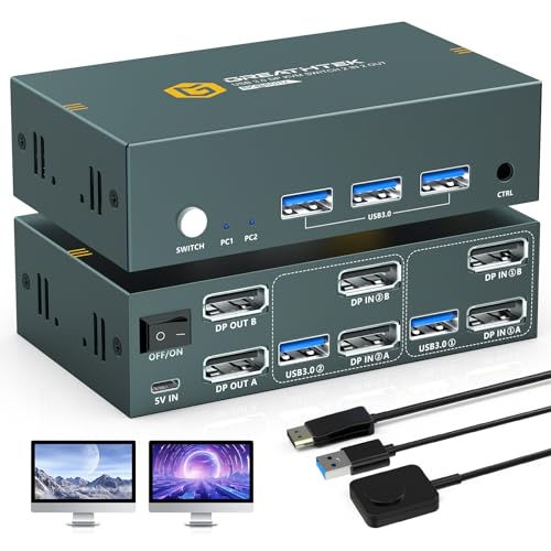 4K 120Hz DisplayPort KVM Switch 2 PC 2 Monitore,8K 60Hz USB 3.0 KVM-Switches mit Dual Monitor DP 1.4-Unterstützung für 2 Computer, Hohe Kompatibilitä, Teilen von 3 USB 3.0 Geräten 4K 120Hz DisplayPort KVM Switch 2 PC 2 Monitore,8K 60Hz USB 3.0 KVM-Switches mit Dual Monitor DP 1.4-Unterstützung für 2 Computer, Hohe Kompatibilitä, Teilen von 3 USB 3.0 Geräten von EVATEK