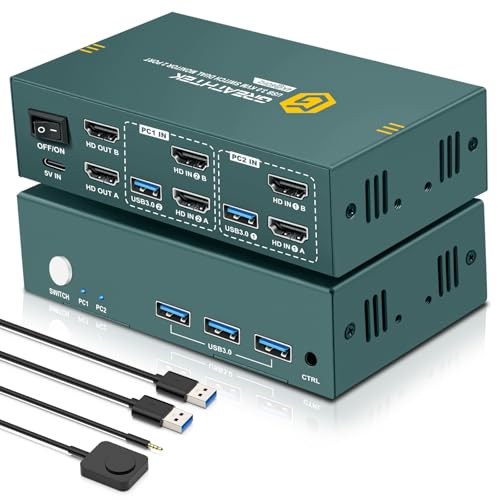 HDMI USB 3.0 KVM Switch 2 PC 2 Monitore, 4K 60Hz KVM-Switches, 2 PC 2 Monitor Switch mit 2 usb-Kabeln zum Teilen von Tastatur, Maus, Drucker und zur Unterstützung von bis zu 3 USB-Geräten von EVATEK