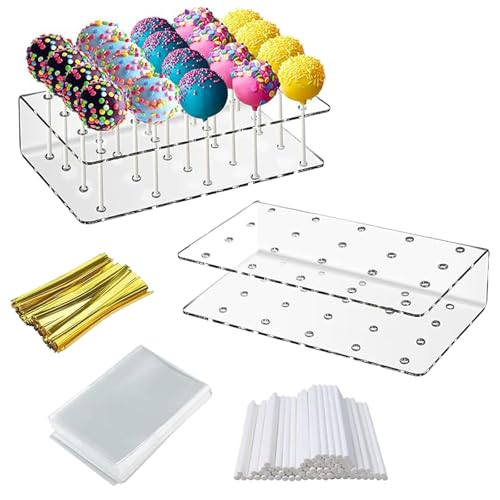 EVDZNA 2 Stück Lollipop Ständer, 20 Löcher Lollipop Halter, Cake Pop Ständer Acryl Popcake Halterung, Mit 100 Stück Papierstab, Lollipop Tüten und Kabelbinder, Für Partei Festliche Dekoration von EVDZNA