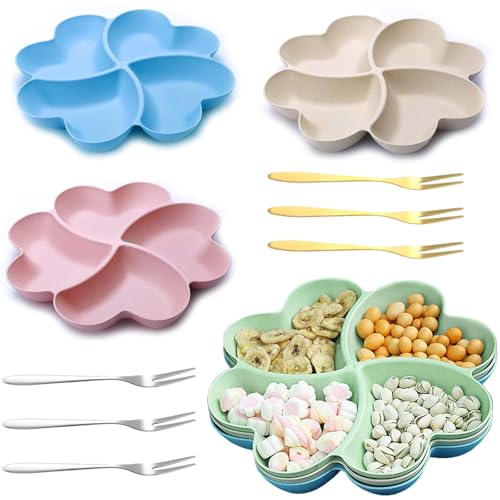 EVDZNA 4 Stück Herzförmige Snackteller, Tabletts mit 4 Fächern, Snacktablett für Familien, mit 6 Stück Fruchtgabel Aus Edelstahl, Familienfeier Wiederverwendbar Snackschale für Obst, 4 Farbe von EVDZNA