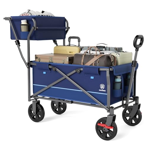 EVER ADVANCED Bollerwagen faltbar schieben&ziehen mit Bremse Einkaufskorb Getränkhalter Seitentasche Handwagen klappbar Strandwagen bis 100kg Faltwagen Transportwagen für Camping von EVER ADVANCED