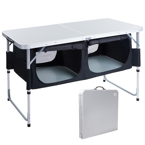 EVER ADVANCED Campingtisch Klappbar Alu Klapptisch 120 x 60cm Höhenverstellbar mit Stauraum 50KG Belastbar, Gartentisch für 4-6 Personen, Campingschrank Kleines Packmaß für Picknick Grillen Outdoor von EVER ADVANCED