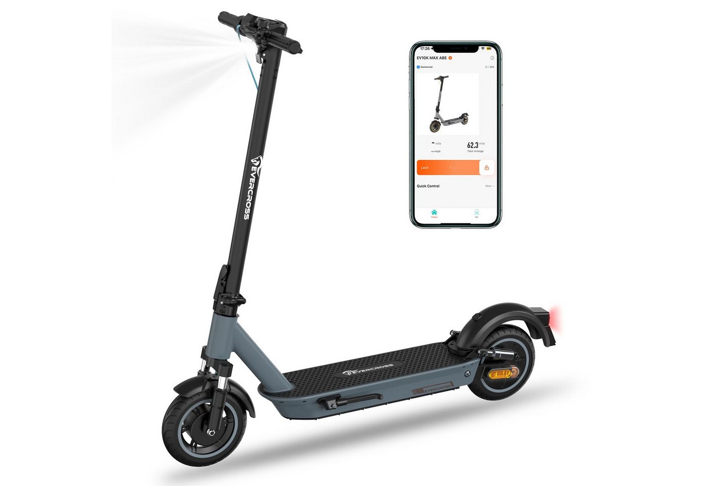 EVERCROSS TECH E-Scooter EV10KM mit Straßenzulassung (ABE), 10 klappbarer Elektroroller, 50KM, 20,00 km/h, mit APP, 15,6AH Akku, 50-55KM, duales Bremssystem" von EVERCROSS TECH