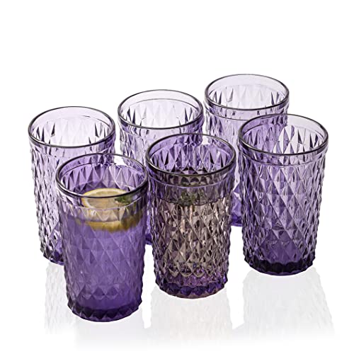 EVEREST GLOBAL Violettes Highball-Glas-Set mit 6 farbigen Trinkgläsern, 325 ml, geprägt mit geometrischem Rautenmuster, einfarbige Glaswaren für jeden Anlass von EVEREST GLOBAL