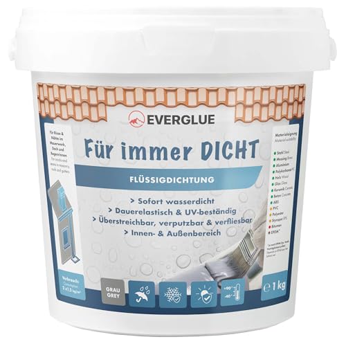 Everglue Für immer DICHT Flüssigdichtung grau NEU im 1kg Eimer, wasserdicht, dampfdurchlässig, witterungsbeständig grau wetterfeste Universal-Flüssigabdichtung von EVERGLUE