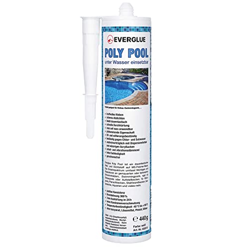 Everglue Poly Pool 1K MS-Polymer Montagekleber zum Kleben und Abdichten, unter Wasser einsetzbar, ohne Silikon, UV-beständig, bleibt dauerelastisch, Farbe: Weiß, 440g Kartusche von EVERGLUE