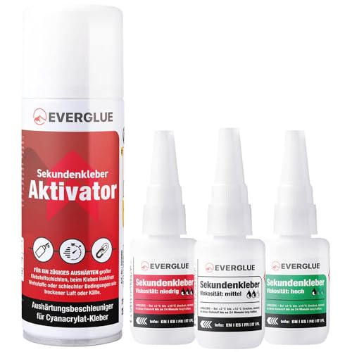 Everglue Sparset Sekundenkleber lange Haltbarkeit dünn + mittel + dick à 20g + Aktivator 200ml - Industriekleber extra stark für universelle Reparatur und Instandsetzung in Hobby Beruf und Haushalt von EVERGLUE