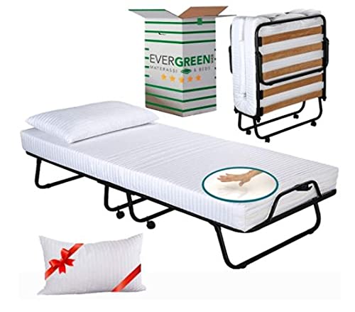 EVERGREENWEB Klappbett 80x190 mit Weiß Matratze aus Memory Foam, Höhe 12 cm + Visco Kissen GRATIS, Lattenrost aus Holz, Stabiler Metall-Rahmen mit Rollen und Bequeme Matratze, Platzsparend Klappbett von EVERGREENWEB MATERASSI & BEDS