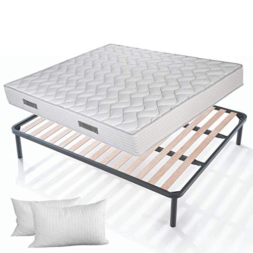 EVERGREENWEB Set mit Lattenrost und Matratze 170x200 cm, Höhe 20 cm + 2 Kissen aus Memory Foam Flocken KOSTENLOS, Orthopädische Matratze mit Massage-Effekt und Lattenrost aus Naturholz von EVERGREENWEB MATERASSI & BEDS