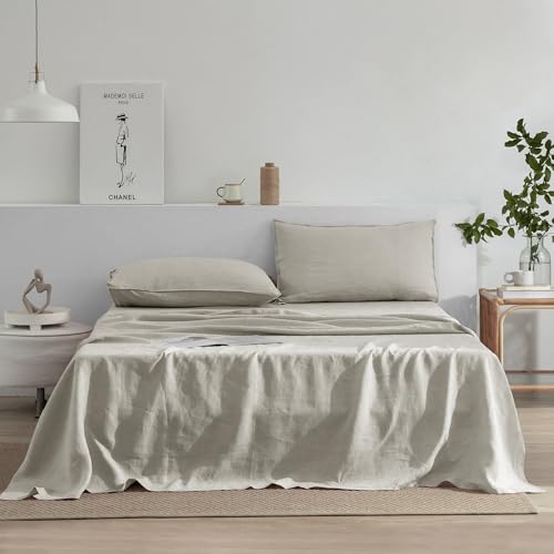 EVERLY Linen Sheet Set Queen Size, 100% French Stonewash Pure Linen Sheets Set, 4-teilig (1 Bettlaken, 1 Spannbetttuch, 2 Kissenbezug), geeignet für heiße Schläfer, Nicht gefärbt, Tiefe Tasche, von EVERLY
