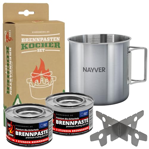 Campingkocher mit Brennpaste - Mini Kocher, Notkocher, Kreuzkocher (Brennerkreuz, 2x Brennpaste, Edelstahl Tasse 660ml) von EVERSMOKE