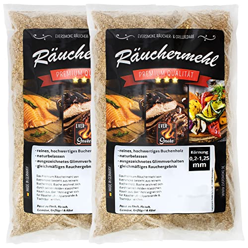 EVERSMOKE Premium Räuchermehl & -Chips aus Buchenholz I 1kg I Verschiedene Körnung (Extra Fein 0,2-1,25mm (2x500g)) von EVERSMOKE