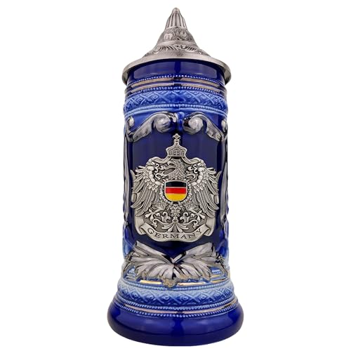 EVERSTYLE Bierkrug mit Deckel 0,7L – Deutschland Steinkrug mit Spitzdeckel & Metallmontur – Für Männer, Vater & Bierliebhaber – Ideal als Geschenk, Deko & Sammlerstück (Blau) von EVERSTYLE