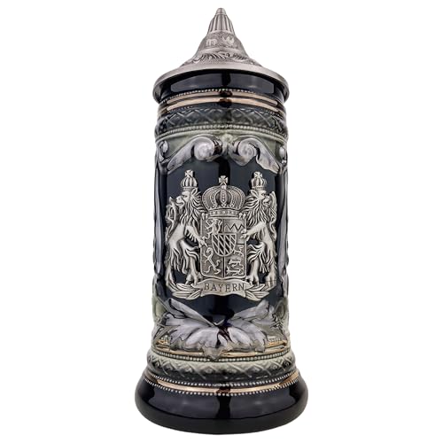 EVERSTYLE Bierkrug mit Deckel 0,7L – Motiv: Bayern – Steinkrug mit Spitzdeckel & Metallmontur – Deutschland Klassisches Bierseidel – Geschenkidee für Männer, Vater & Bierliebhaber (Schwarz) von EVERSTYLE