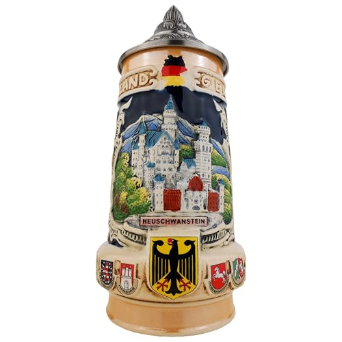 EVERSTYLE Bierkrug mit Deckel 0,7L – Deutschland Traditioneller Steinkrug mit Neuschwanstein-Motiv – Handgefertigter Bierseidel für Zuhause, Sammlung & Fest – Geschenkidee für Männer & Bierliebhaber von EVERSTYLE