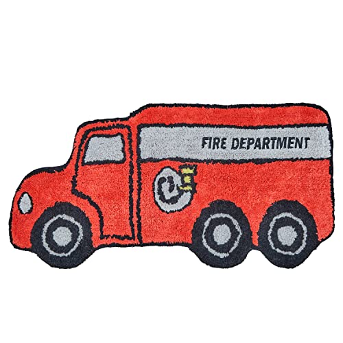 Handgetuftet Feuerwehrauto Schlafzimmer oder Badezimmer Teppich – 38,1 x 76,2 cm; 100 % Baumwolle Kinder-Badezimmermatte; dekorativer Kinderteppich von EVERYDAY KIDS
