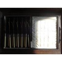 Vintage English Epns Versilberte Knochenähnliche Griffe 6 Messer Gabeln in Box Besteck Silberbesteck Set Um 1940/Eve Europe von EVEofEurope