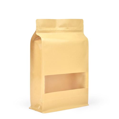 Evergreen Goods 50 X Selbststehende Kraftpapiertüten Mit Sichtfenster - (180x280 mm) - Beutelbeutel - Druckverschluss-Kraftpapiertüten - Heißversiegelbar, Für Tee, Kaffee, Nüsse, Samen Und Mehr von EVG
