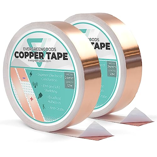 Evergreen Goods Ltd Leitfähiges Klebeband (24 mm x 12 m) - Leitkleber Band für Schaltkreise, Gitarre Emi Abschirmung, Elektrische Reparaturen & Erdung - Glasmalerei Metall Handwerk Schmuck - 2 Rolle von EVG