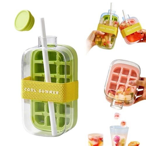 Eiswürfelflasche mit Stroh, 2 in 1 Wasserflasche Eiswürfelform mit Deckel, Push-Typ Eisherstellungsflasche, One-Touch Eisfreisetzung & Keine Berührung, für Kaffee Saft Getränk(Green,800ml) von EVGATAVAB