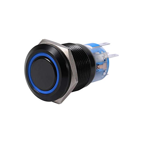 19mm 12V LED EIN/AUS Schwarz Wasserdicht IP65, IK08 Selbstsichernde Verriegelung Druckknopf Flachschalter Rot, Grün, Blau, Weiß (optional)(Blau) von EVGATSAUTO