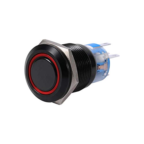 19mm 12V-24V LED EIN/AUS Schwarz Wasserdicht IP65, IK08 Selbstsichernde Verriegelung Druckknopf Flachschalter Rot, Grün, Blau, Weiß (optional)(rot) von EVGATSAUTO