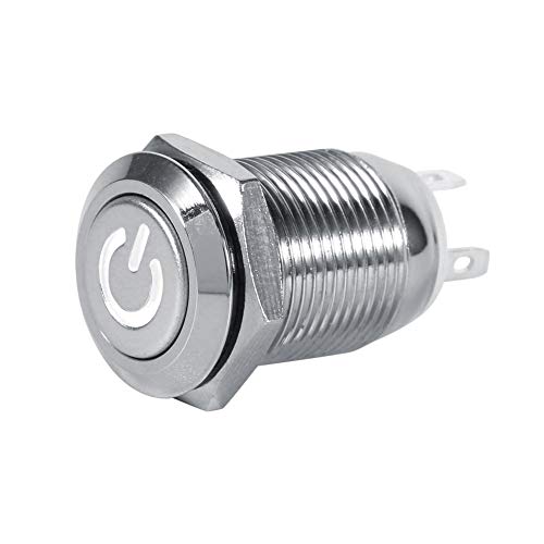 EVGATSAUTO 3A 12V Power Push Button, 12mm Power Push Button Schalter Wasserdichtes Metall Momentan Typ Rot, Grün, Blau, Weiß (optional)(Weiß) von EVGATSAUTO