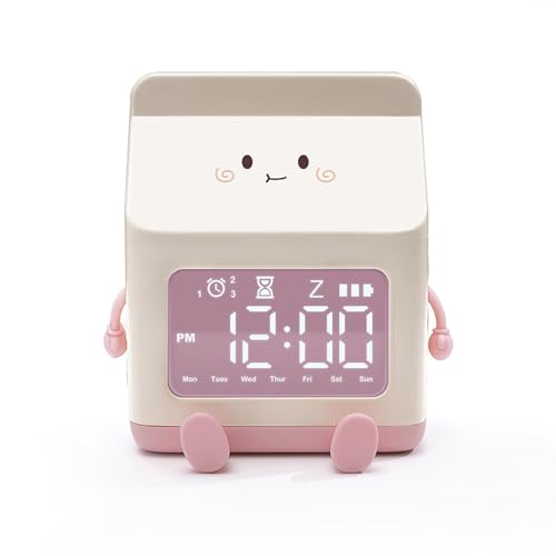 EVGATSAUTO Niedlicher Milchkarton Wecker für, Cartoon Digitaler Wecker mit Alarm und Countdown-Funktion, Praktische Digitale Uhr für Wohnzimmer, Deko, Geschenke (Rosa) von EVGATSAUTO