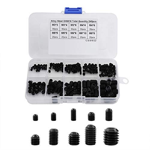 assorted grub screw 240 Schwarzes Innensechskant Schraubensortiment, Innensechskant Innensechskant Innensechskant Schraubensatz Kit DIN916 M3 M4 M5 M6 M8 mit Kunststoffbox von EVGATSAUTO