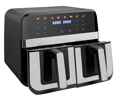 EVGTTI 9L Dual Zone Heißluftfritteuse mit Sichtfenster & Touchscreen, 8-in-1 Programme, Sync-Funktion, Ölfrei & Energiesparend, XXL Airfryer (4.5L+4.5L）, 1800W, Timer von EVGTTI