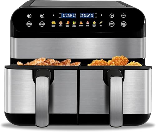 EVGTTI Doppelkammer Heißluftfritteuse, 2 Kammern 9 Liter (2x4.5L), Airfryer mit 8 Programme, Heissluftfritteuse Fritteuse mit Synchro-Garzonen & Touchdisplay & Timerfunktion, 1800W von EVGTTI
