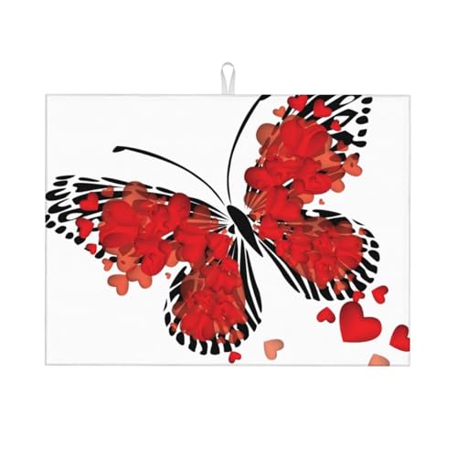 Abtropfmatte für die Küche, Motiv: rote Schmetterlinge, 46 x 61 cm, saugfähige Mikrofaser-Abtropfmatte, für Glas, Teller, Tassen von EVIUS