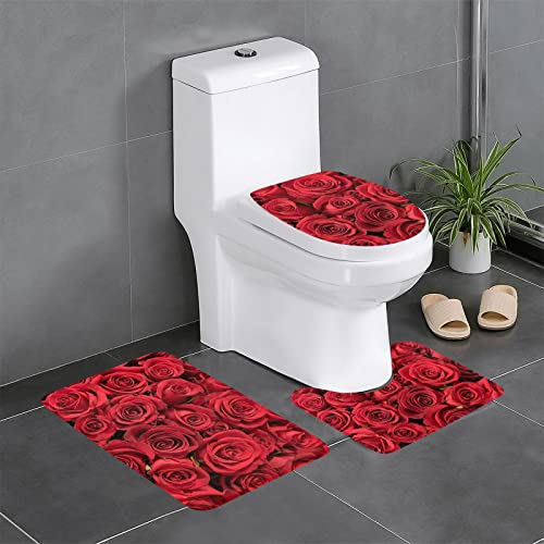 EVIUS Badvorleger-Set, rote Rosen, 3er-Set, Badezimmer-WC-Bodenmatte, Fußmatten, Badezimmerteppich, WC-Vorleger, Stil mit dieser waschbaren Badewanne von EVIUS
