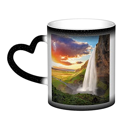 Keramikbecher mit Farbwechsel, Sublimationsbecher, 400 ml, lustige Kaffeetasse, Keramikbecher mit Herzgriff, magische Tassen, Island, Wasserfall, Fluss, Feld, Sonnenuntergang, niedliche coole von EVIUS