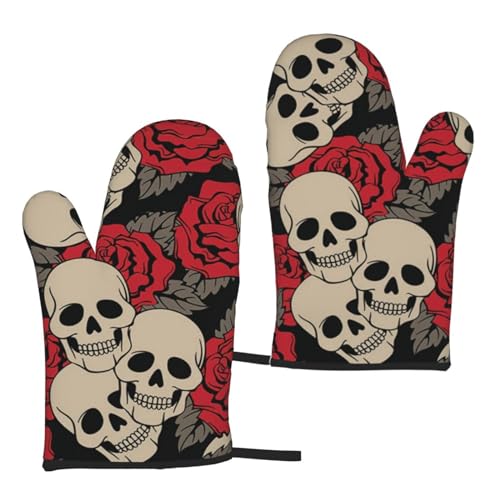 Ofenhandschuhe, Motiv: Totenkopf mit Rosen, hitzebeständig, gestepptes Baumwollfutter, hitzebeständig, Topflappen-Handschuhe zum Grillen, Backen, Grillen, Ofenhandschuhe, Schwarz, 2 Stück von EVIUS