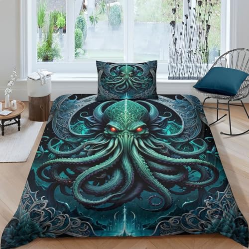 EVMILA Cthulhu 3D Gedruckter Die Kunst des Grauens Bettwäschegarnitur Bettbezug Set Für Kinder Mädchen Jungen Bettwäsche Reissverschluss Und Kissenbezüge Weich Microfaser 2 Teilig Single（135x200cm） von EVMILA