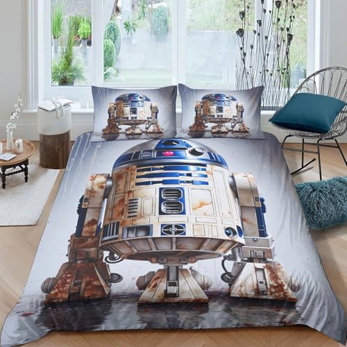 EVMILA Krieg der Sterne Mädchen Junge Kinder Bettbezug Set Bettwäschegarnitur 3D Gedruckter R2-D2 Reissverschluss Und Kissenbezüge Bettwäsche Weich Microfaser 3 Teilig King（220x240cm） von EVMILA