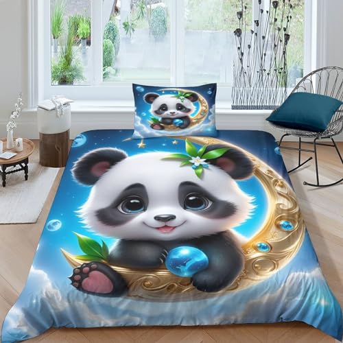 EVMILA Mond Panda 3D Gedruckter Sternenhimmel Für Kinder Mädchen Jungen Bettwäschegarnitur Bettbezug Set Bettwäsche Und Kissenbezüge Reissverschluss Weich Microfaser 2 Teilig Single（135x200cm） von EVMILA