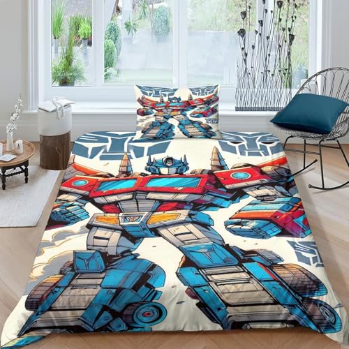 EVMILA Transformers 3D Gedruckter Optimus Prime Bettbezug Set Mädchen Junge Kinder Bettwäschegarnitur Und Kissenbezüge Reissverschluss Weich Microfaser Bettwäsche 2 Teilig Single（135x200cm） von EVMILA