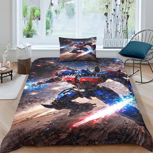 EVMILA Transformers Bettbezug Set Mädchen Junge Kinder Bettwäschegarnitur 3D Gedruckter Optimus Prime Und Kissenbezüge Weich Microfaser Reissverschluss Bettwäsche 2 Teilig Single（135x200cm） von EVMILA