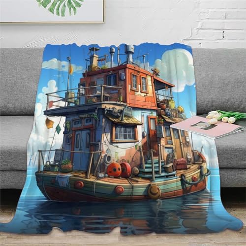 Meer Haus 3D Druck Schiff Sofadecke Fleecedecke Wohndecken Couchdecke Weichen Flauschig Bett Decken Flauschig Warm Kuscheldecke Tagesdecke Für Mädchen Jungen 60x80inch(150x200cm) von EVMILA