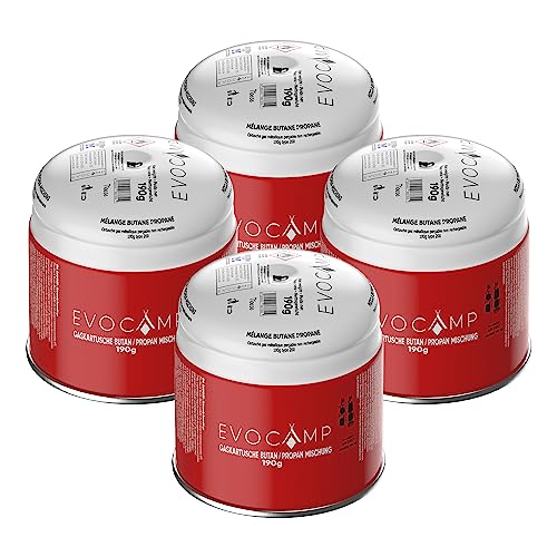 EVOCAMP 4X Stechkartuschen 190g, Propan Butan Gaskartuschen mit integriertem Gas Lock System, Gas Kartusche mit Camping Gas geeignet für Gaskocher, Campingkocher, Gasbrenner, Kohleanzünder, Lötlampe von EVOCAMP