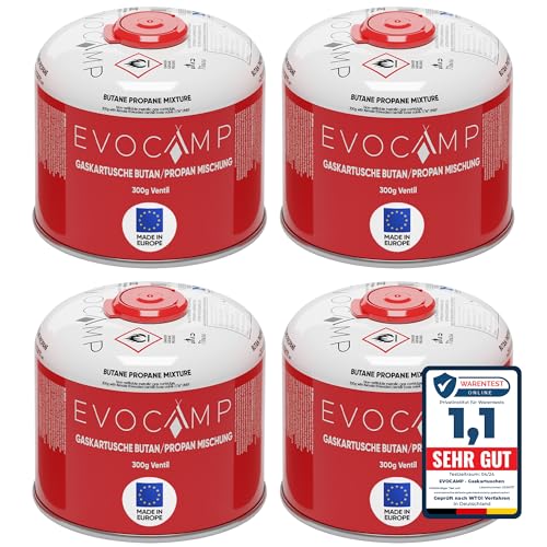 EVOCAMP 4x Propan Butan Gaskartuschen 300g, Schraubventil Eurogewinde 7/16", Ventilkartuschen 539ml mit Sicherheits-Verschlussautomatik, Gaskartuschen einsetzbar für Weber Grills Q100/1200-Serien von EVOCAMP