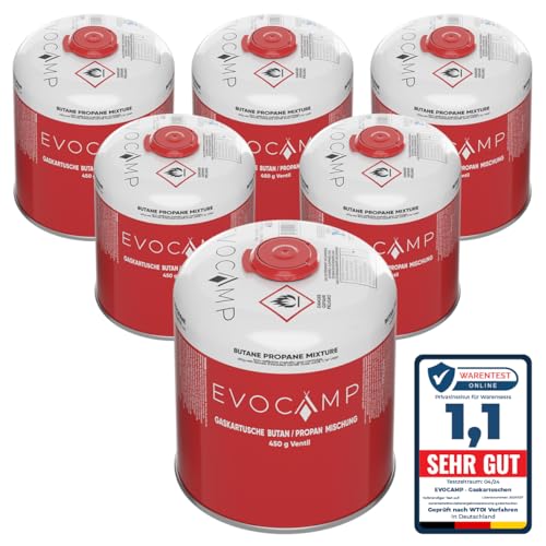 EVOCAMP 6X Propan Butan Gaskartuschen 450g einsetzbar für Weber Grills Q100/1000-Serien, Schraubkartusche Eurogewinde 7/16", Ventilkartusche 800ml mit Sicherheits-Verschlussautomatik von EVOCAMP