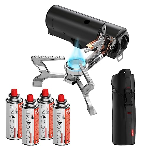 EVOCAMP Campingkocher mit 4 Gaskartuschen MSF-1a 227g, Camping Gaskocher faltbar mit Tragetasche, klappbaren Gas Campingkocher mit Wärmeleitblech, Camping Kocher mit Piezozündung EVOCAMP Campingkocher mit 4 Gaskartuschen MSF-1a 227g, Camping Gaskocher faltbar mit Tragetasche, klappbaren Gas Campingkocher mit Wärmeleitblech, Camping Kocher mit Piezozündung von EVOCAMP